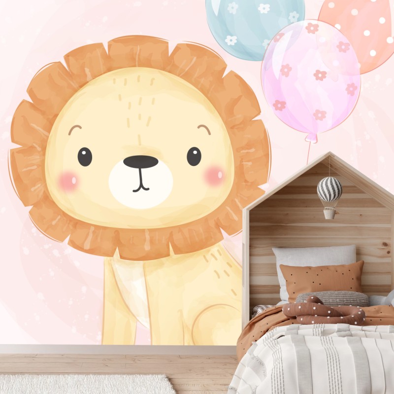Fotomural león tierno con globos en tonos pastel