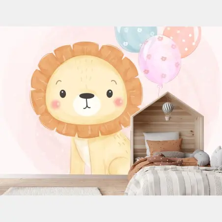 Fotomural león tierno con globos en tonos pastel – Pixers®