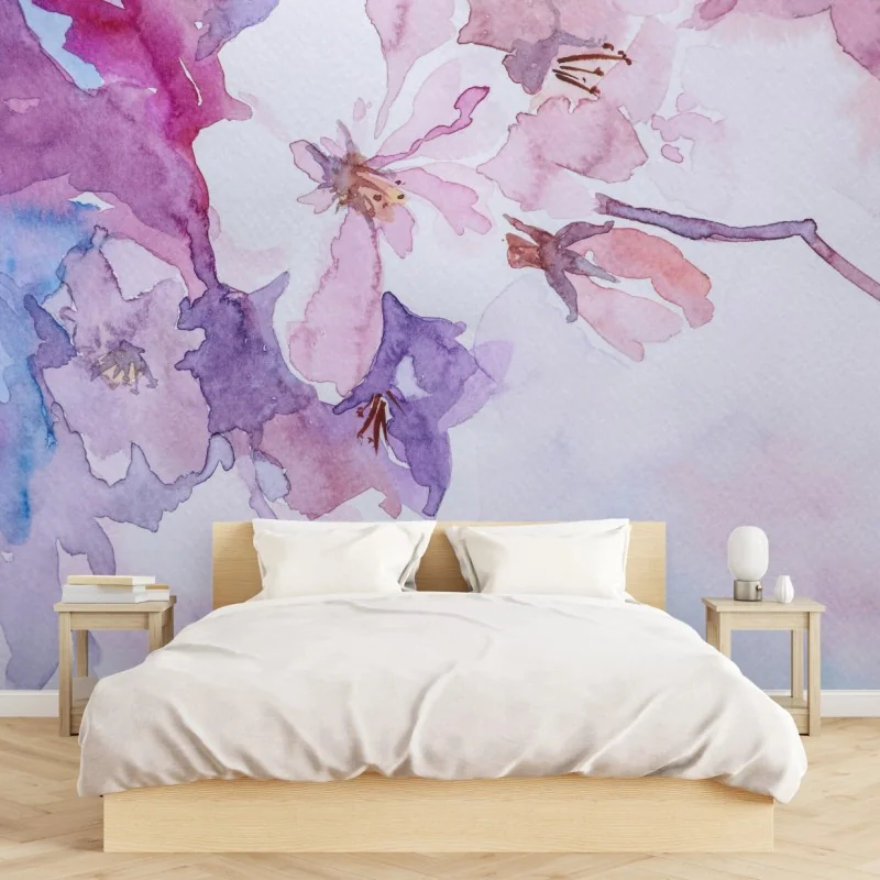 Fotomural flores etéreas en acuarela lila y rosa