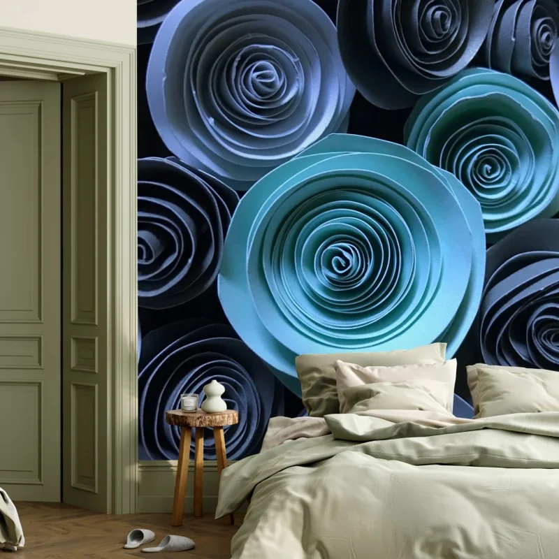 Fotomural rosas de papel en espiral en tonos azul y verde