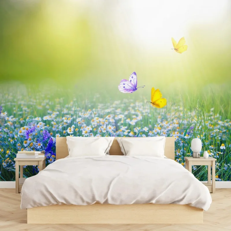 Fotomural pradera de margaritas y mariposas al amanecer
