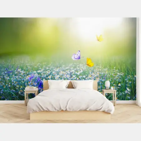 Fotomural pradera de margaritas y mariposas al amanecer – Pixers®