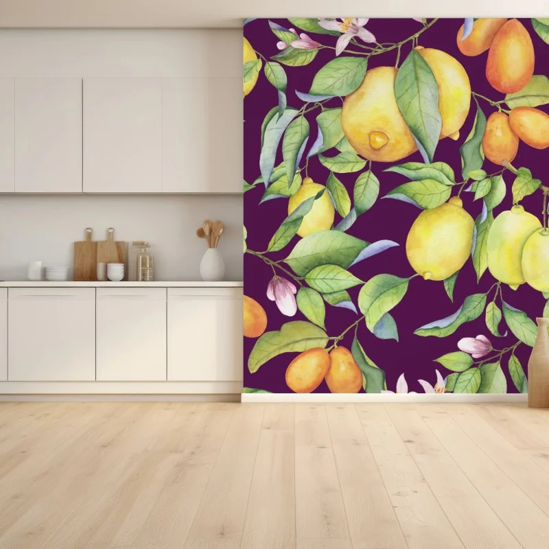 Fotomural patrón de limones en acuarela sobre fondo morado