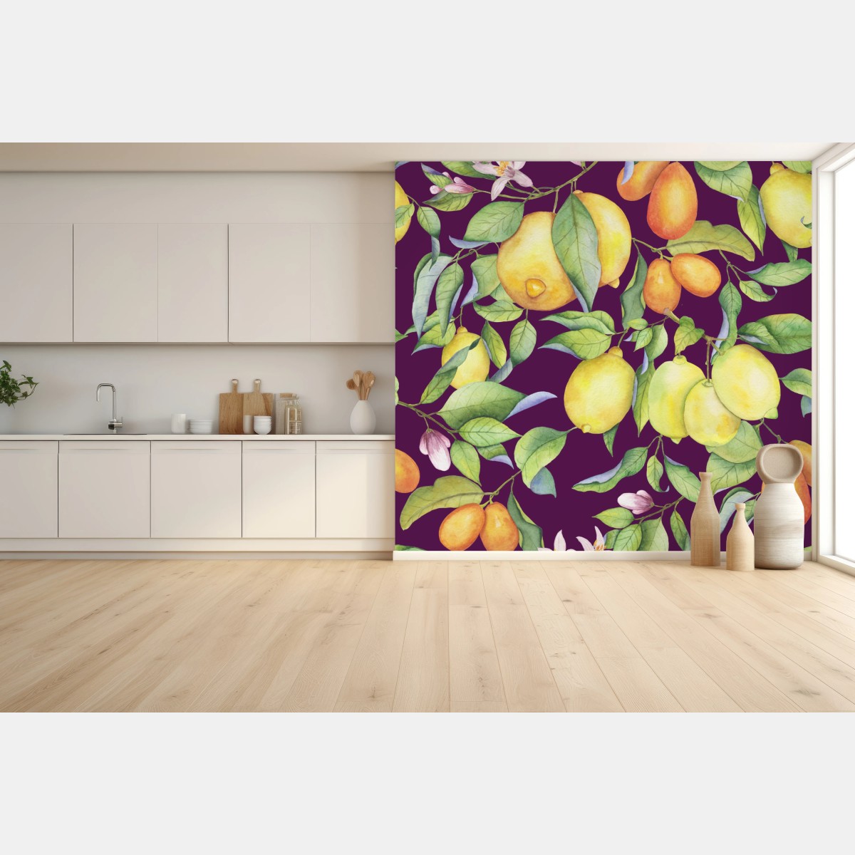 Fotomural patrón de limones en acuarela sobre fondo morado – Pixers®