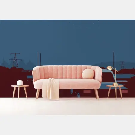 Fotomural escena nocturna con coche retro junto al puente – Pixers®