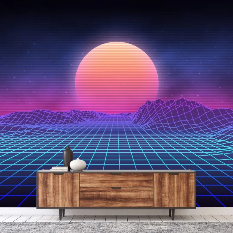 Fotomural amanecer retrofuturista en rejilla neón