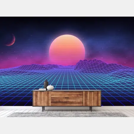 Fotomural amanecer retrofuturista en rejilla neón – Pixers®