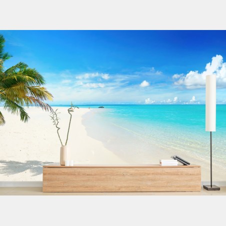 Fotomural playa paradisíaca con palmera solitaria – Pixers®