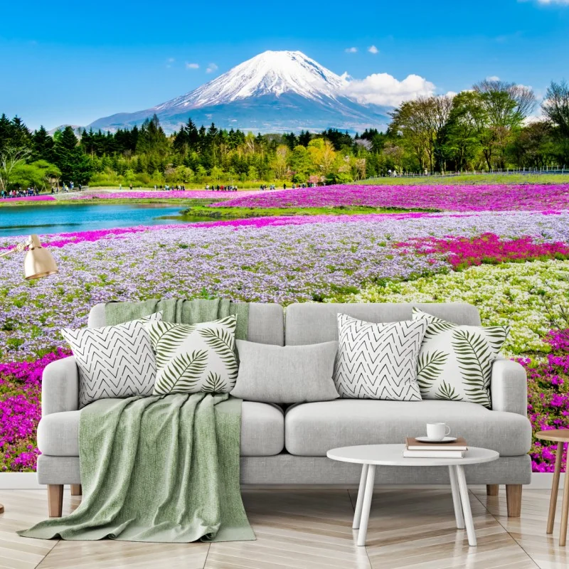 Fotomural panorama primaveral con Monte Fuji y campos de flores