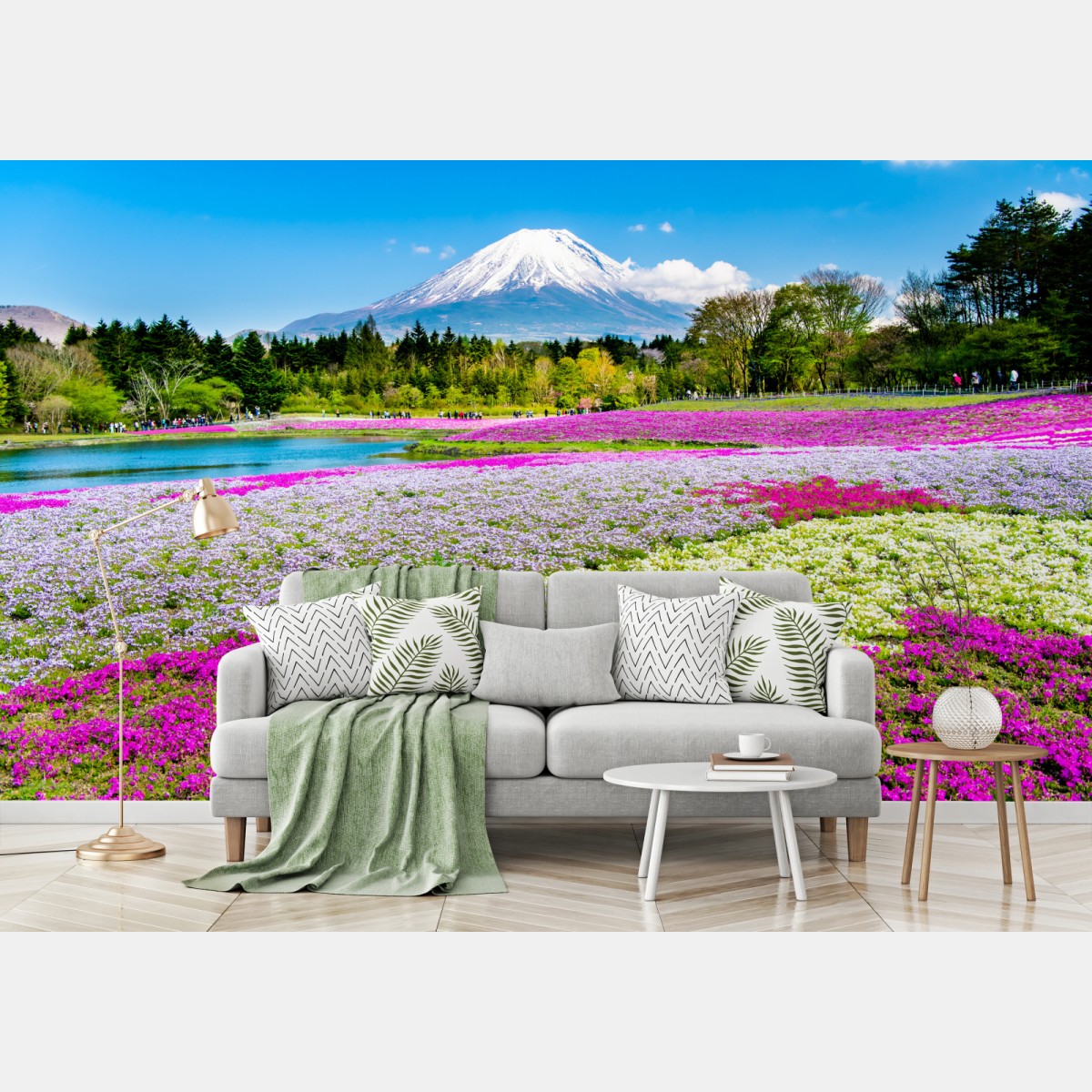 Fotomural panorama primaveral con Monte Fuji y campos de flores – Pixers®