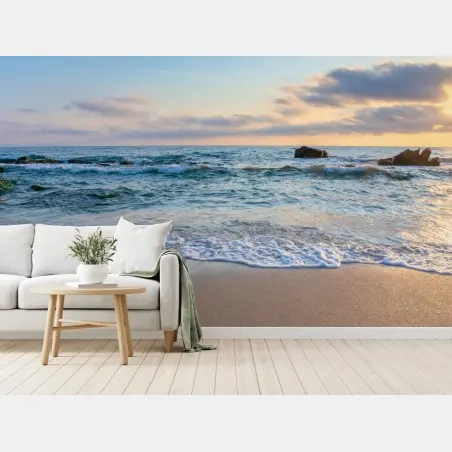 Fotomural amanecer sereno en la playa rocosa – Pixers®