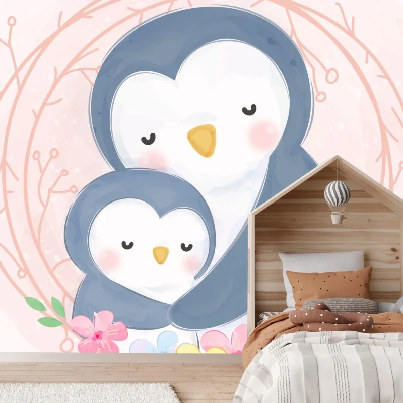 Fotomural abrazo de pingüinos en acuarela pastel
