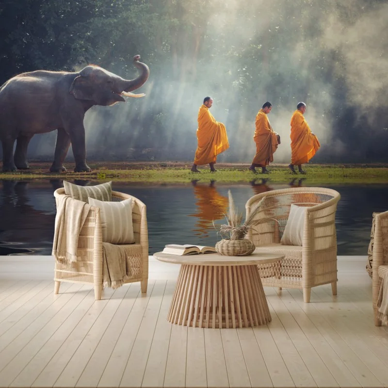 Fotomural monjes y elefante en Tailandia al amanecer