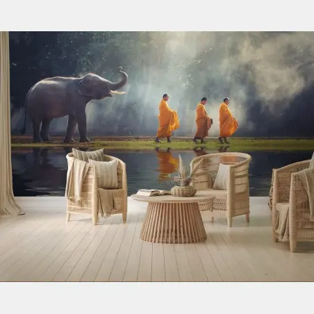 Fotomural monjes y elefante en Tailandia al amanecer – Pixers®