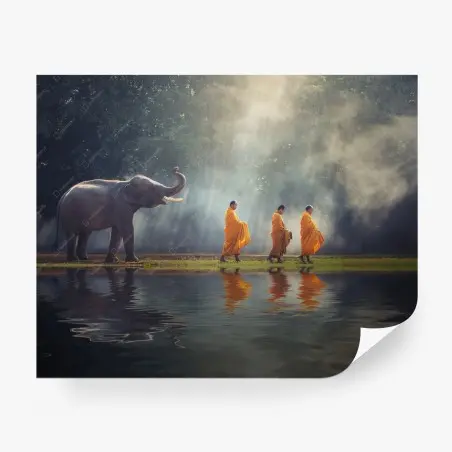 Fotomural monjes y elefante en Tailandia al amanecer – Pixers®