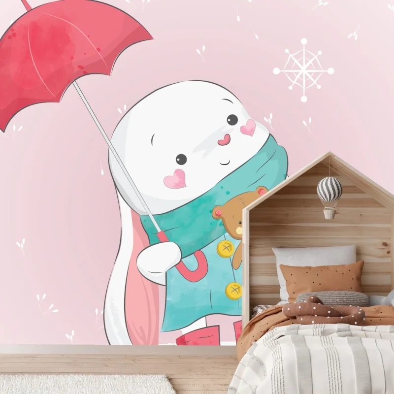 Fotomural conejito invernal con osito y paraguas