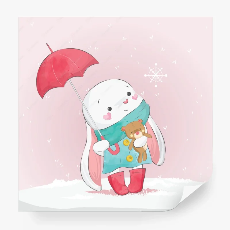 Fotomural conejito invernal con osito y paraguas