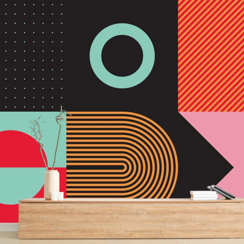 Fotomural composición geométrica brutalista en colores vibrantes