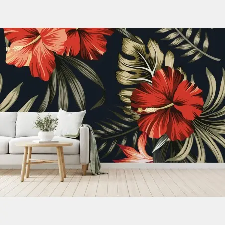 Fotomural diseño tropical de hibiscos rojos sobre fondo oscuro – Pixers®