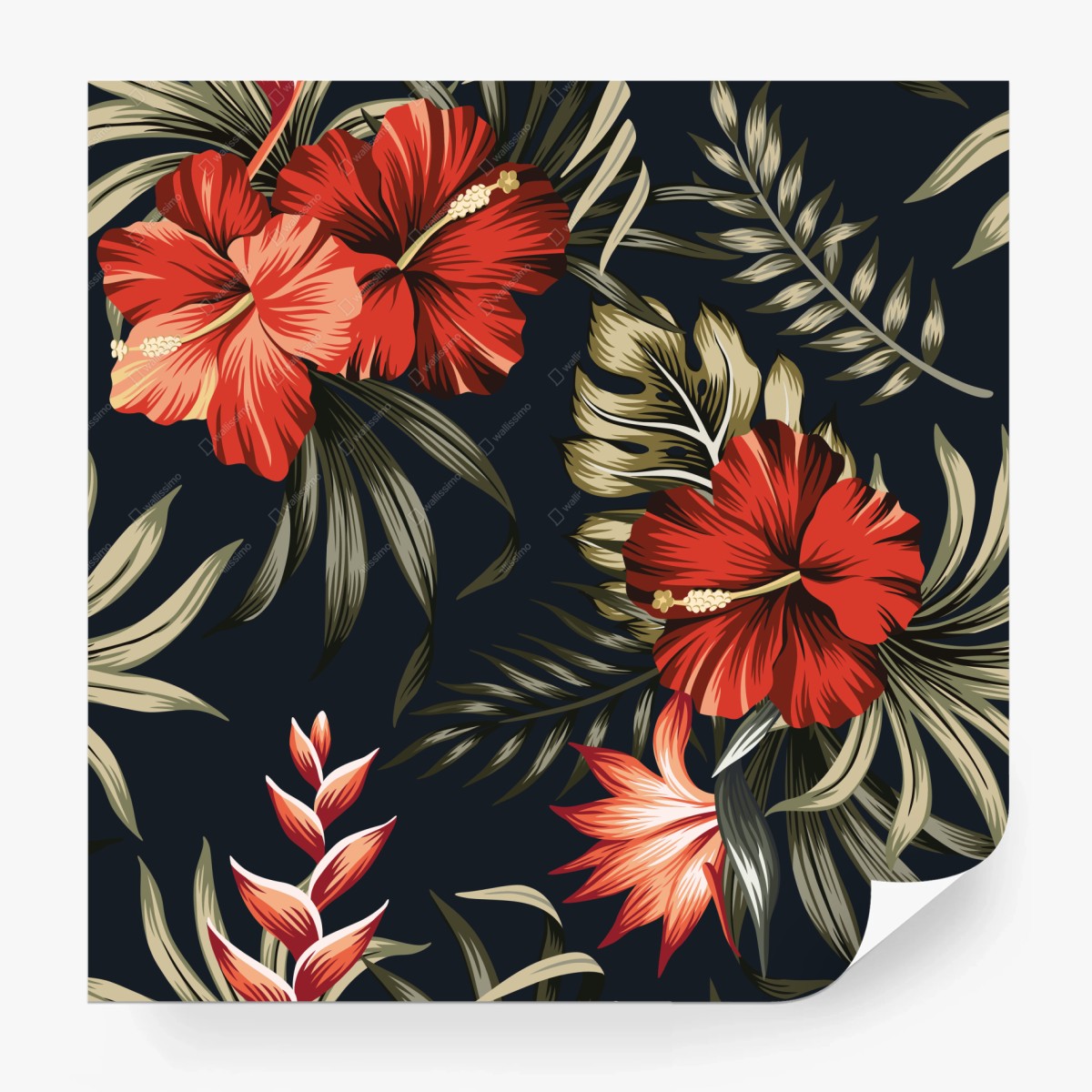 Fotomural diseño tropical de hibiscos rojos sobre fondo oscuro – Pixers®