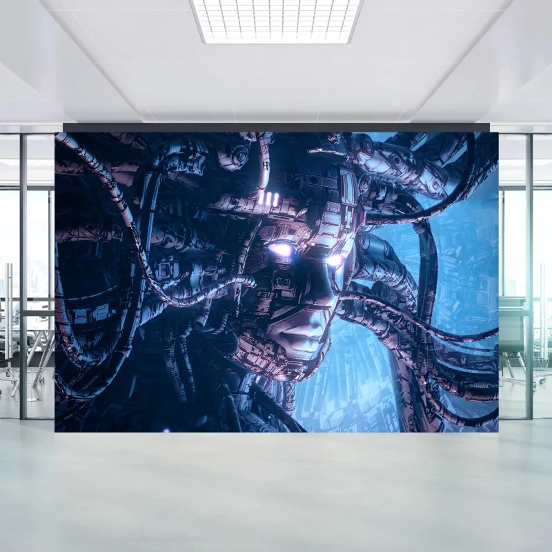 Fotomural rostro cibernético iluminado en tonos azules