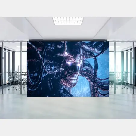 Fotomural rostro cibernético iluminado en tonos azules – Pixers®