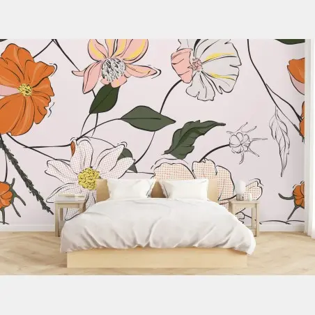 Fotomural estampado floral suave en tonos naranja y rosa – Pixers®