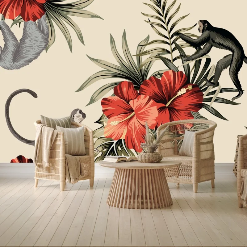 Fotomural selva tropical con monos y hibiscos