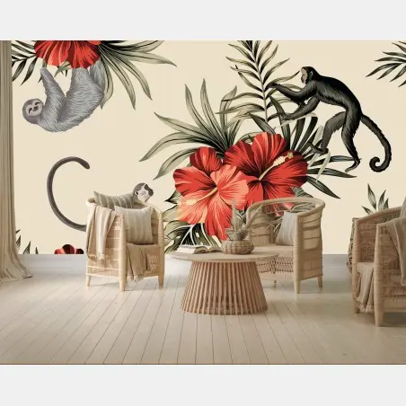 Fotomural selva tropical con monos y hibiscos – Pixers®