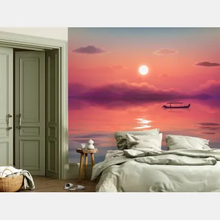 Fotomural atardecer en calma con barca solitaria – Pixers®