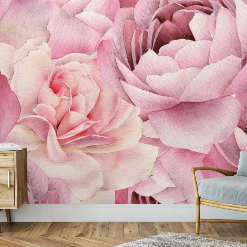 Fotomural patrón romántico de rosas en acuarela