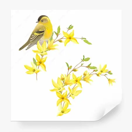 Fotomural pájaro amarillo sobre flores en acuarela – Pixers®
