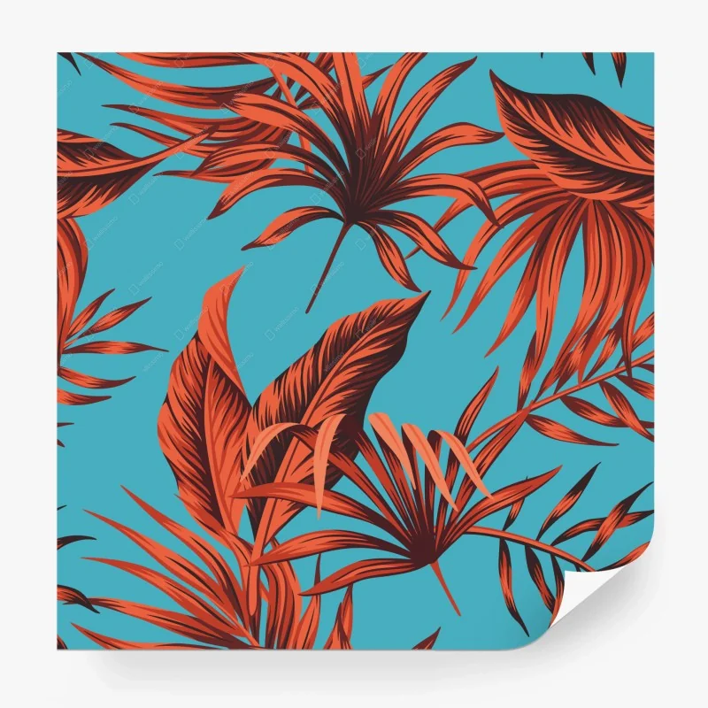 Fotomural patrón tropical de hojas coral sobre fondo turquesa