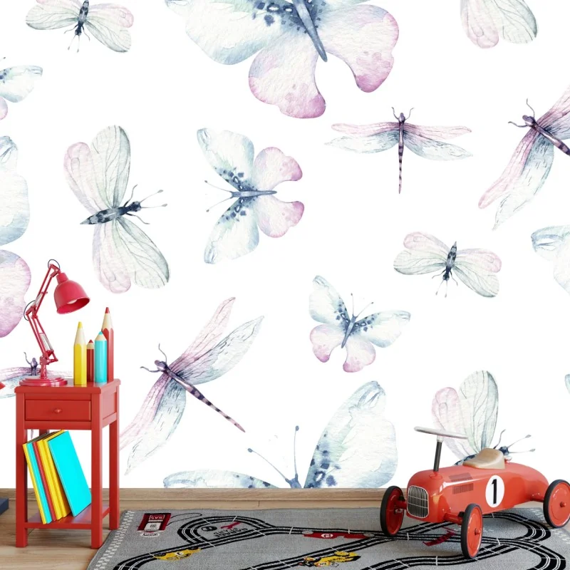 Fotomural diseño acuarela mariposas y libélulas en tonos pastel