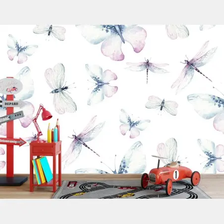 Fotomural diseño acuarela mariposas y libélulas en tonos pastel – Pixers®