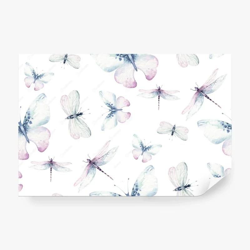 Fotomural diseño acuarela mariposas y libélulas en tonos pastel