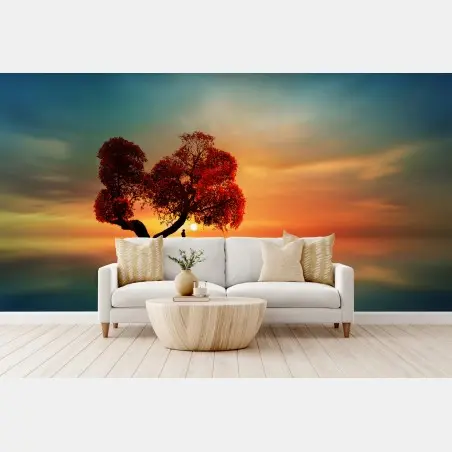 Fotomural amanecer junto al árbol rojo y el bote en calma – Pixers®
