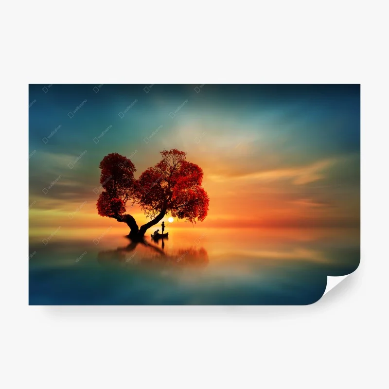 Fotomural amanecer junto al árbol rojo y el bote en calma