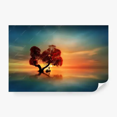 Fotomural amanecer junto al árbol rojo y el bote en calma – Pixers®