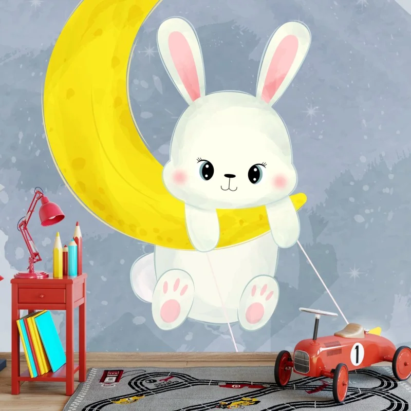 Fotomural conejito en la luna estilo acuarela