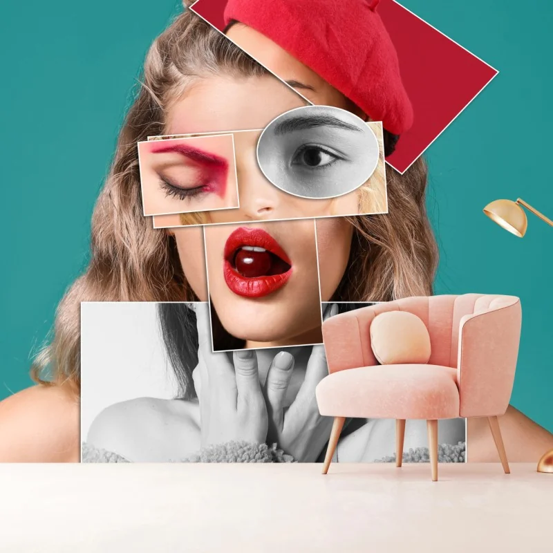 Fotomural collage artístico de retrato femenino estilo pop