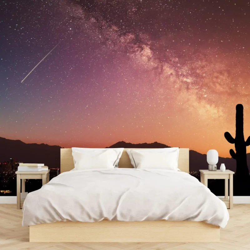 Fotomural cielo estrellado sobre desierto y ciudad