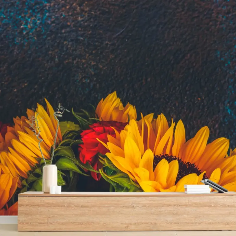 Fotomural girasoles vibrantes sobre fondo oscuro