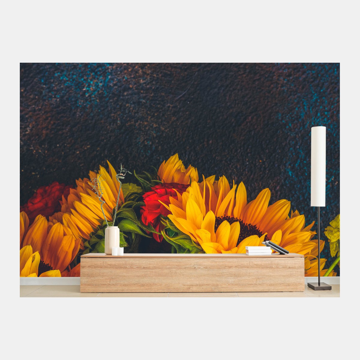 Fotomural girasoles vibrantes sobre fondo oscuro – Pixers®