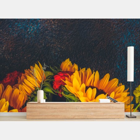 Fotomural girasoles vibrantes sobre fondo oscuro – Pixers®