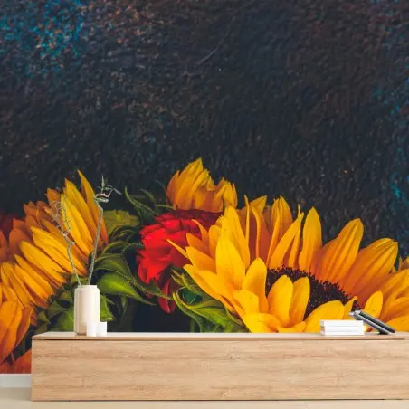 Fotomural girasoles vibrantes sobre fondo oscuro