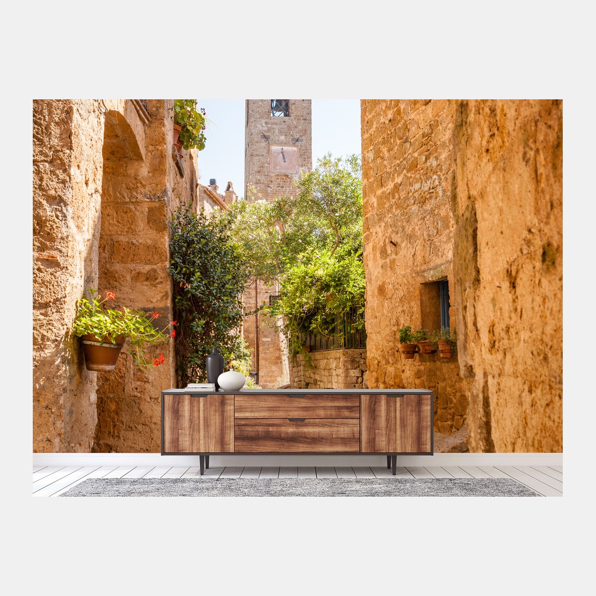 Fotomural Civita di Bagnoregio, calle medieval bañada en luz dorada – Pixers®