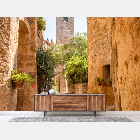 Fotomural Civita di Bagnoregio, calle medieval bañada en luz dorada – Pixers®