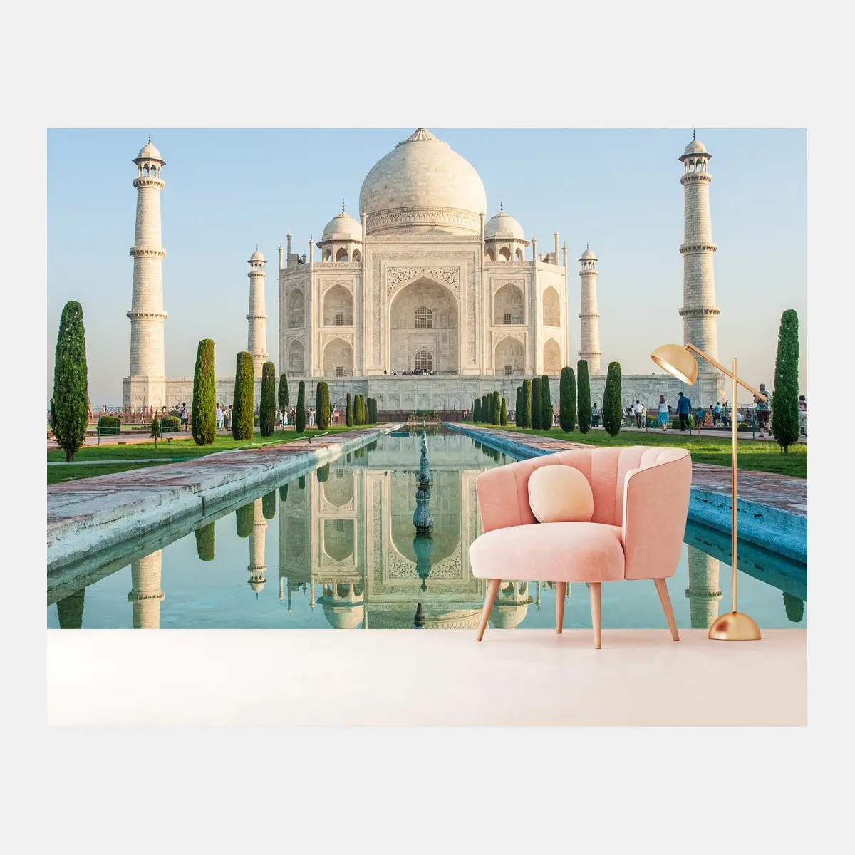 Fotomural reflejo sereno del Taj Mahal al amanecer – Pixers®
