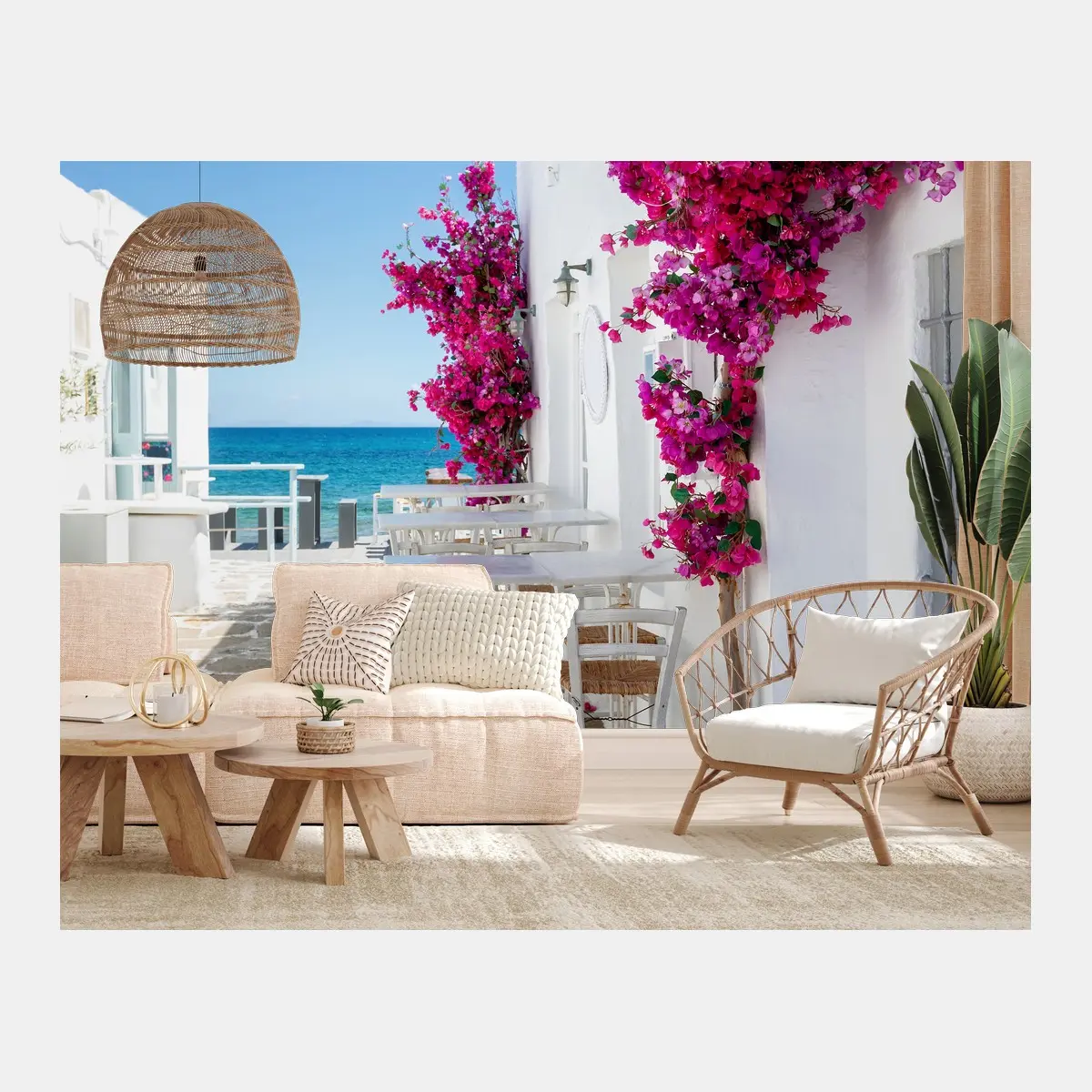Fotomural rincón Mediterráneo con buganvillas junto al mar – Pixers®